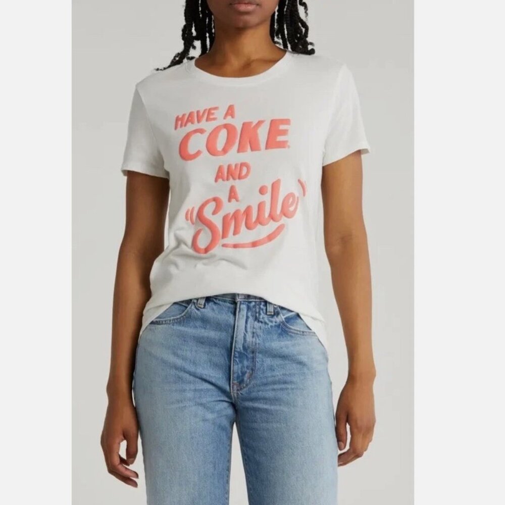 NWT Lucky Brand Coca-Cola Graphic Tee Women’s Size M T-shirt Coke White Coral
